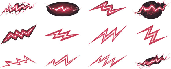 Set of twelve glowing red electric lightning bolt icons with neon energy effect, isolated on dark background for futuristic design