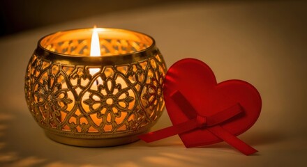 Warm candlelight and red heart with ribbon symbolizing love and romance