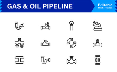 Oil And Gas Piping Components Unique Line Icon Pack Featuring Refinery Valves, Pipeline Parts, and Engineering Fittings in a Sharp, Editable Vector Style