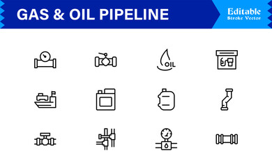 Oil And Gas Piping Components Unique Line Icon Pack Featuring Refinery Valves, Pipeline Parts, and Engineering Fittings in a Sharp, Editable Vector Style