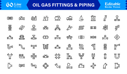 Oil And Gas Piping Components Unique Line Icon Pack Featuring Refinery Valves, Pipeline Parts, and Engineering Fittings in a Sharp, Editable Vector Style