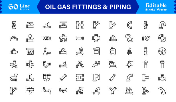 Oil And Gas Piping Components Unique Line Icon Pack Featuring Refinery Valves, Pipeline Parts, and Engineering Fittings in a Sharp, Editable Vector Style