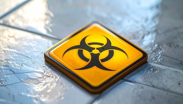 Yellow Biohazard Warning Sign on a Reflective Metal Surface.