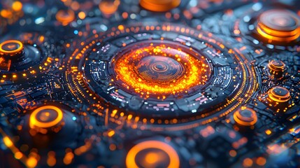 Close-up of a futuristic, glowing, circular technological design.