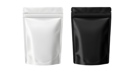 Blank white and black stand up zipper pouches mockup isolated on white background for product packaging.