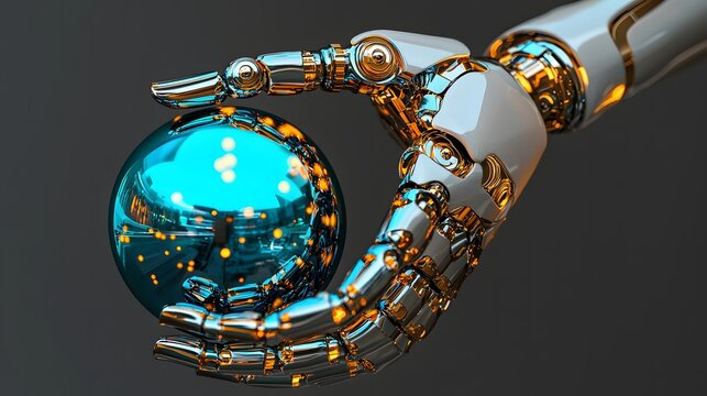A robotic hand holds a glowing blue sphere, showcasing technology and artificial intelligence.