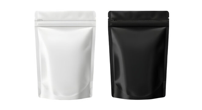 Blank white and black stand up zipper pouches mockup isolated on white background for product packaging.