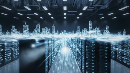 Modern cityscape at night with towering skyscrapers and state of the art server room facilities showcasing seamless fusion of technology and urban life, perfect for backgrounds or advertisements. - Powered by Adobe