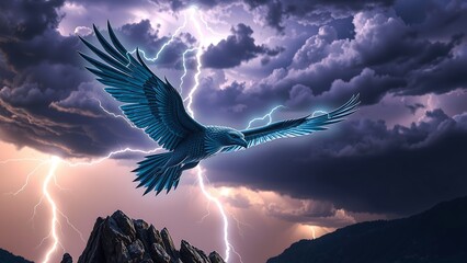 A majestic blue eagle soars through a stormy sky illuminated by vibrant lightning.