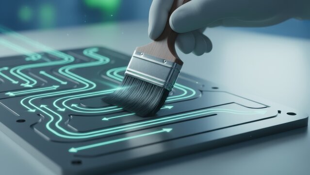 Hydrogen Fuel Future Energy A hand applies paint to a circuit board, blending technology with artistry in a creative process.