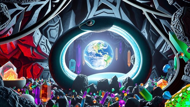 A serpent encircles a glowing Earth in a gem-filled cavern, exuding a mystical and vibrant atmosphere. - Powered by Adobe