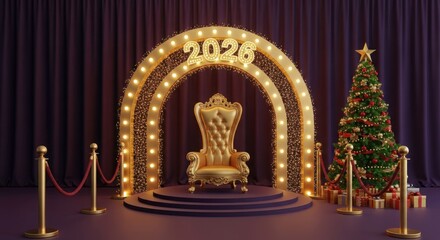 Fototapeta premium Luxurious golden throne under illuminated archway with festive christmas tree illustration