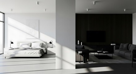 Fototapeta premium Modern Bedroom and Living Room Interior with Contrasting Light and Shadow.