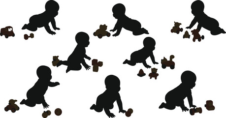 Baby, silhouette, crawling, toys, playtime, teddy bear, car, blocks, infant, development, posture, movement, black, white, interaction, childhood, early, activity, toddler, growth, fun