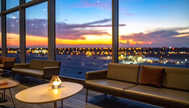 Airport Lounge with Stunning Sunset View and City Lights.