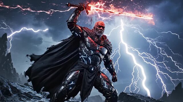 Powerful Warrior with Glowing Sword and Lightning Strikes in a Fantasy Landscape.