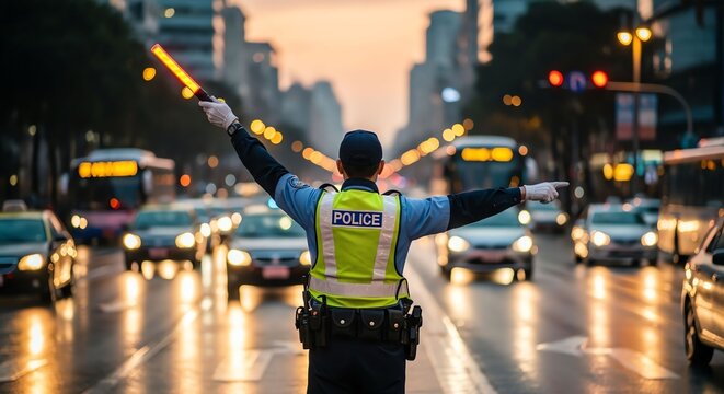 Police Officer Directing Traffic at Dusk in Busy City Street with Bright Lights and Moving Vehicles