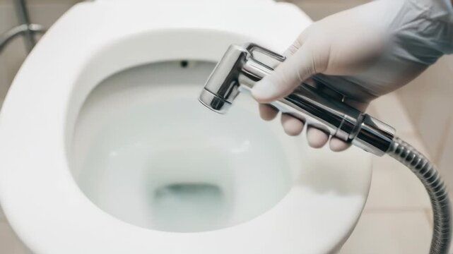 A hand in a glove cleans a toilet with a bidet sprayer