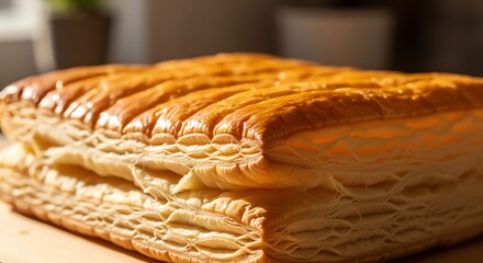 Obraz premium Fresh Flaky Pastry Dough Piled on Wooden Surface in Warm Natural Light