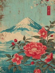 Vintage Ukiyo-e Japanese Style Design with Mountain