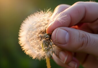Gentle hand releases dandelion seeds into the golden sunlight for new beginnings, a symbol of nature's beauty and resilience in a tranquil setting