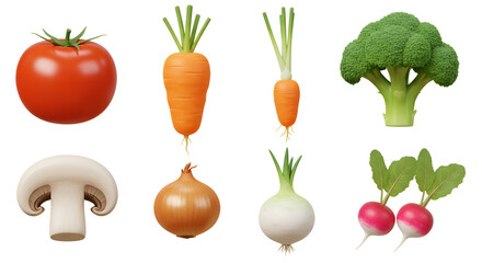 Collection of Fresh Vegetables and Mushroom Isolated on White Background.