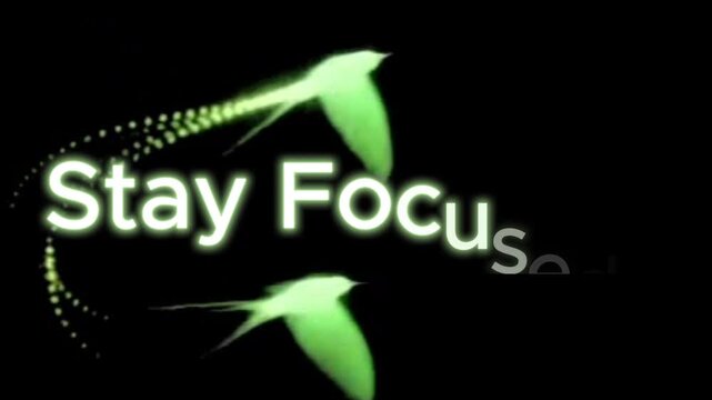 Glowing text stay focused with green light trail on a black background for motivation and inspiration