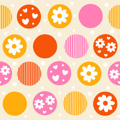 Retro Polka Dot Pattern with Flowers and Hearts
