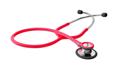 Modern red stethoscope with metal chest piece for medical examination and healthcare professional tool isolated on white background