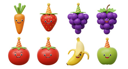 Cute Cartoon Fruits and Vegetables Wearing Party Hats.