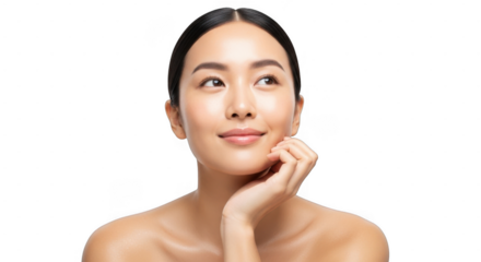 Young woman touching her face with serene expression isolated on transparent background