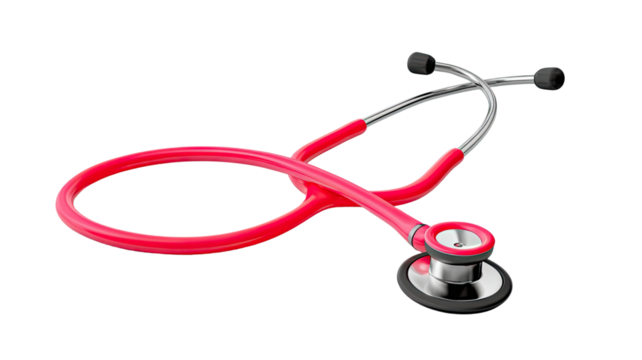 Modern red stethoscope with metal chest piece for medical examination and healthcare professional tool isolated on white background - Powered by Adobe