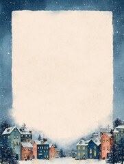 Watercolor winter village scene with snow-covered houses and pine trees, perfect for holiday greetings.