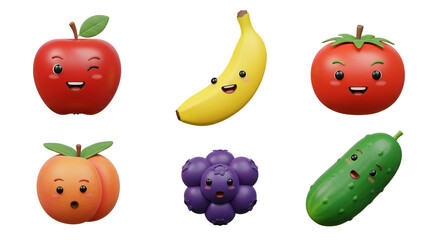 Cute Cartoon Fruits and Vegetables with Faces.