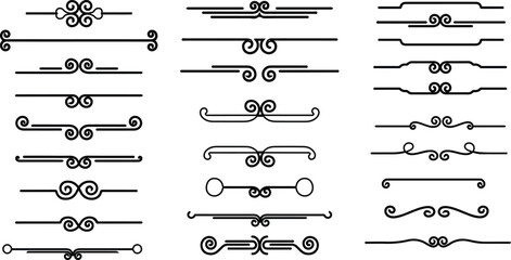 Large collection of black line art vector scrollwork dividers and ornamental text separators for design projects.