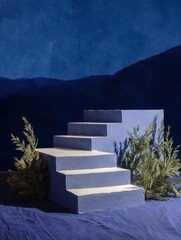 A serene blue scene features steps leading to a platform, accented with sprigs of greenery.