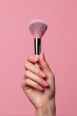 Elegant hand holding a blush brush against a matching pink backdrop, showcasing beauty tools.