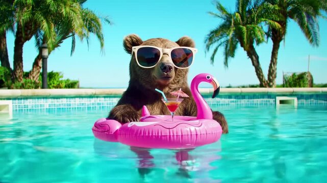 A bear in sunglasses floats on a flamingo raft in a pool, with a drink and palm trees in the background