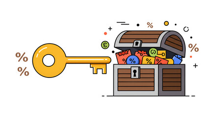 Golden Key Unlocking Treasure Chest Full of Money and Percent Symbols.