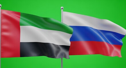 The flags of the united arab emirates and russia waving against a green background