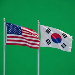 United states and south korea flags waving against a green screen background display