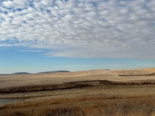 Wide-open prairie landscape under a dramatic patterned sky, featuring dry grasslands and distant rolling ridges in the Canadian countryside. Captured in soft natural daylight highlighting Alberta