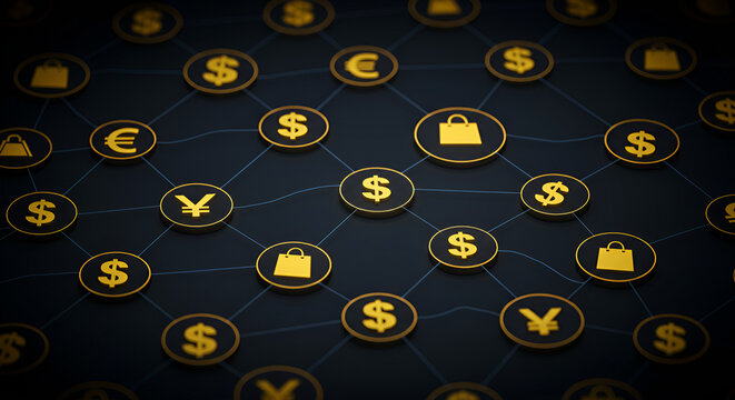 Global Currency Symbols Connected Network Digital Finance Concept.