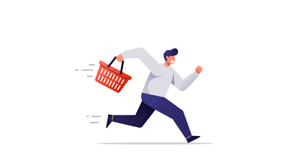 Man Running Fast with Shopping Basket.