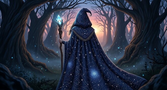 Mysterious hooded figure holding a glowing staff in a dark enchanted forest. - Powered by Adobe