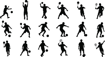 sports, athlete, silhouette, tennis, soccer, movement, action, dynamic, fitness, vector, player, pose, ball, running, illustration,movement,  vector shape, sports vector illustration, 