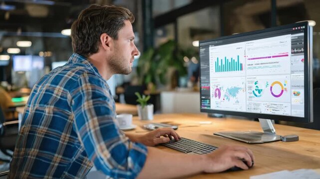Medium shot of a business analyst reviewing integrated CRM data alongside survey feedback on a computer screen in a modern office setting. - Powered by Adobe