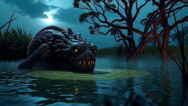 A monstrous creature lurks in a swamp at night, illuminated by the moon. - Powered by Adobe