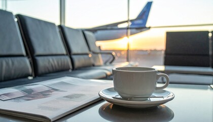 Coffee and Newspaper at Airport Lounge with Airplane View.
