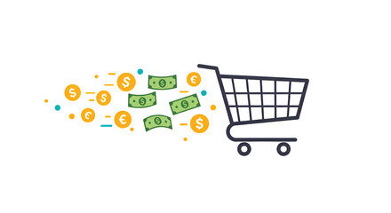 Shopping Cart Spilling Money and Coins Concept.